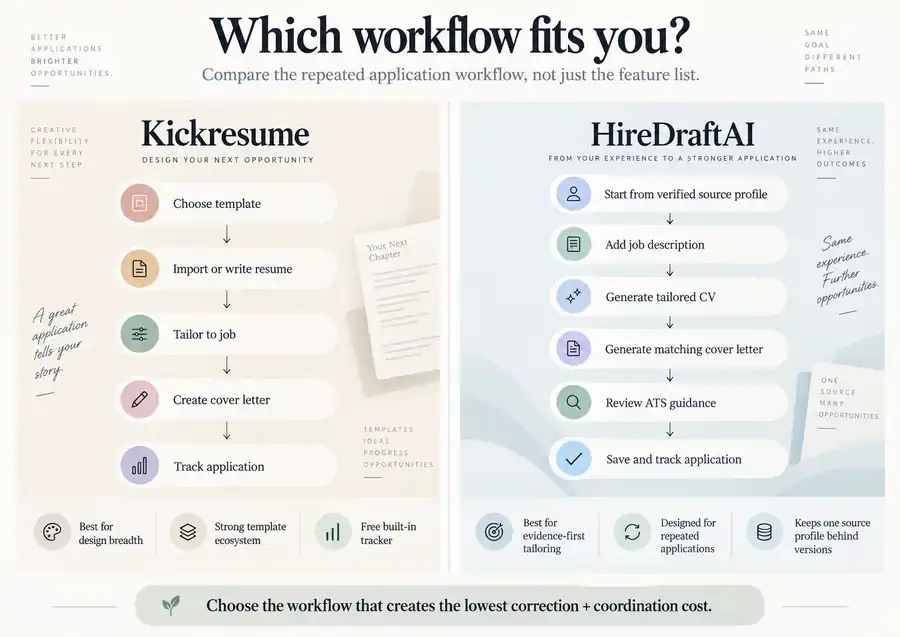 Editorial workflow comparison showing Kickresume and HireDraftAI side by side, comparing how each application workflow starts and what each is best suited for