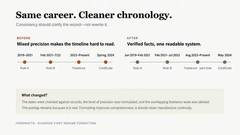 Before-and-after resume timeline showing how verified dates and consistent month-year formatting clarify chronology without hiding a real overlap