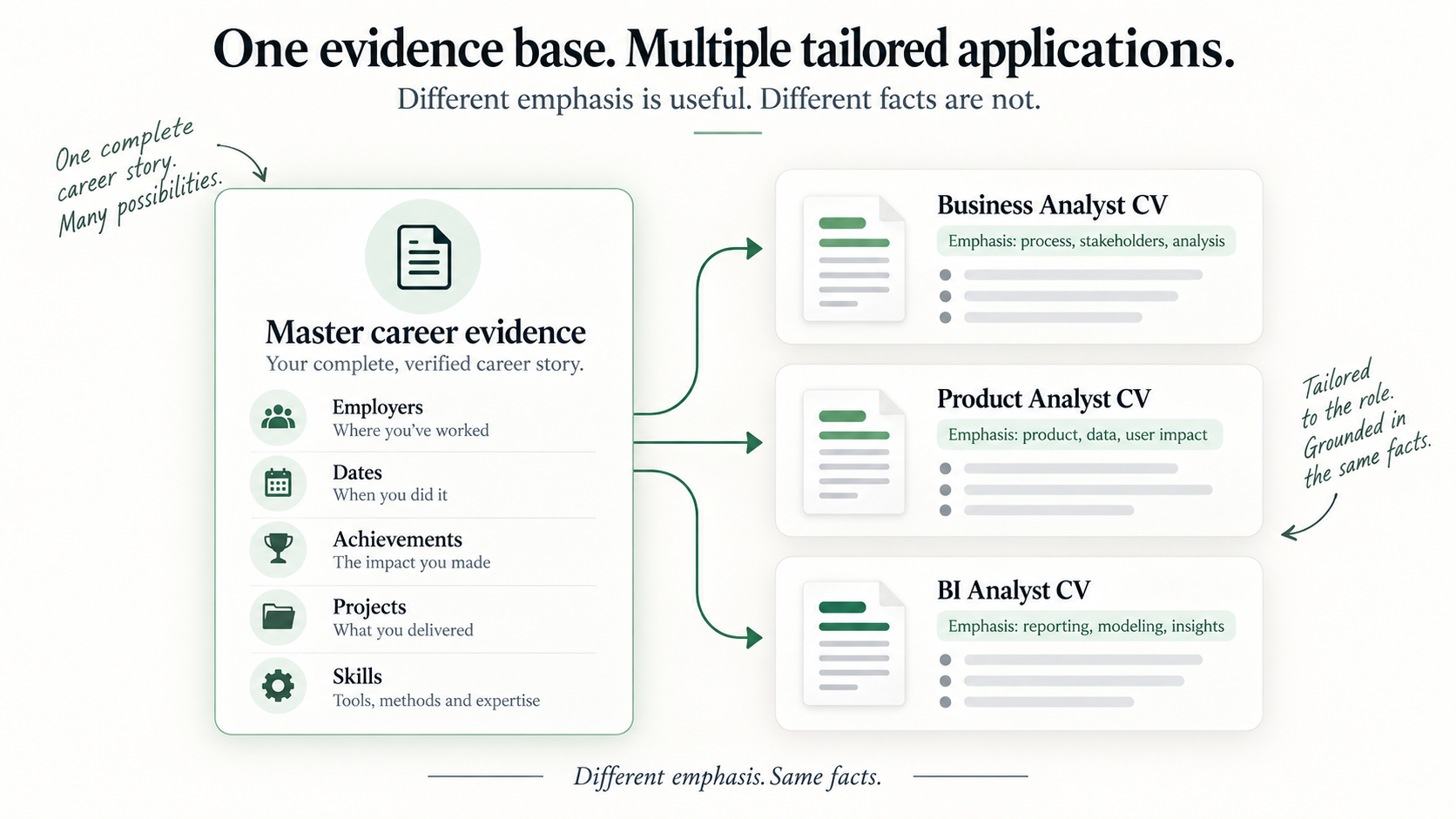 One verified career evidence base branches into Business Analyst, Product Analyst, and BI Analyst CV versions with different emphasis but the same facts