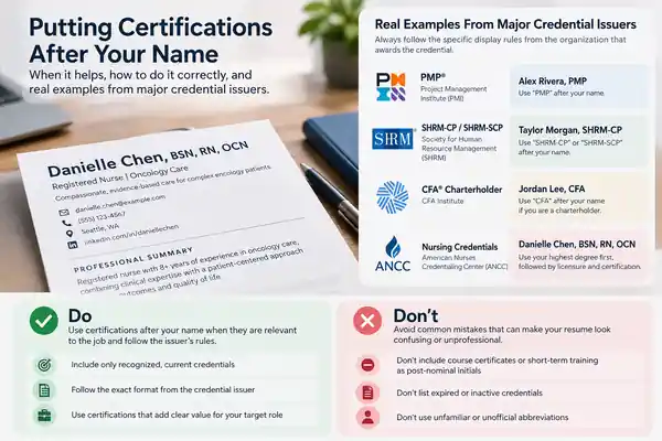 Examples of resume credential placement for PMP, SHRM-CP, CFA, and nursing credentials